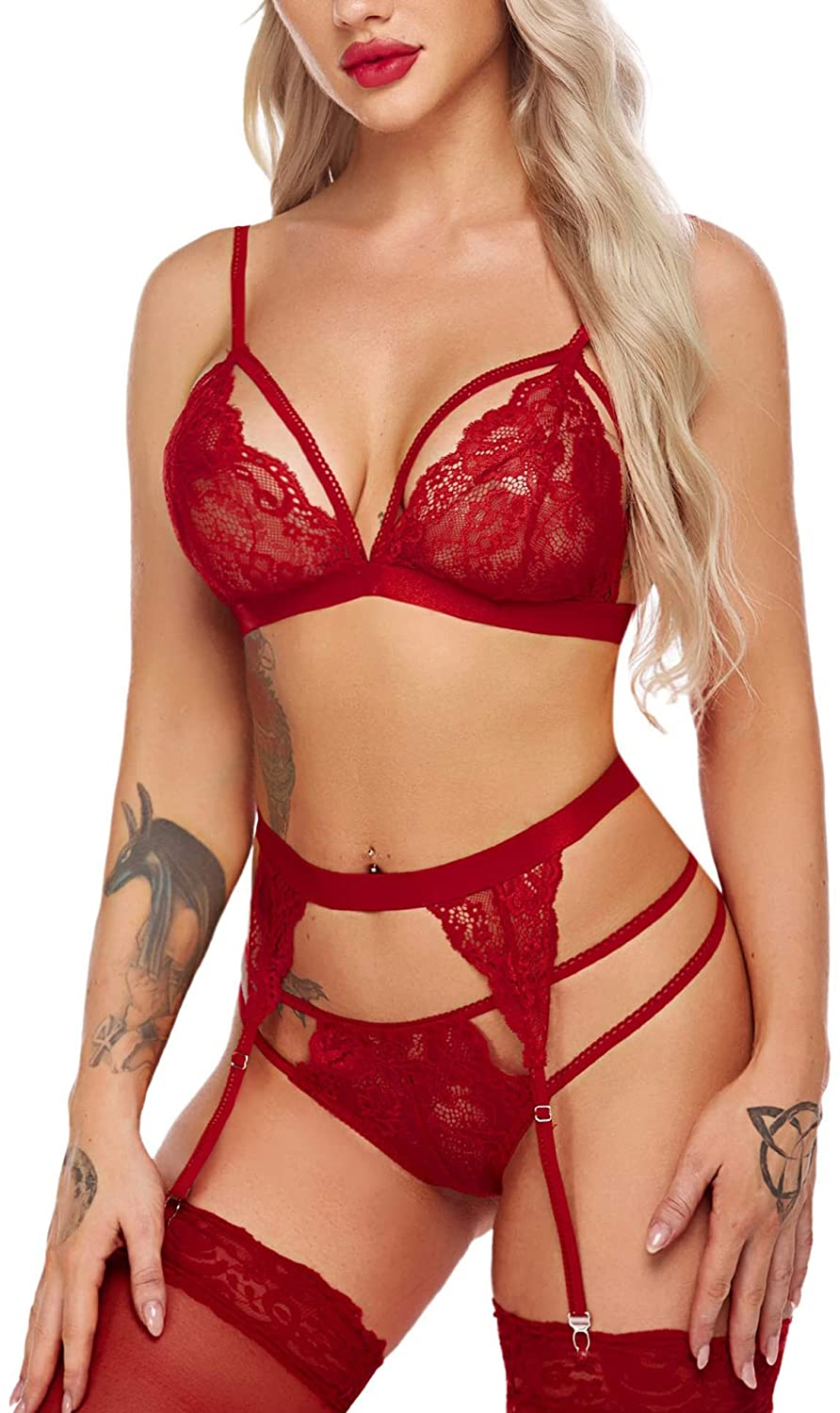 Avidlove Women Lingerie Set Lace Teddy Strap Babydoll Bodysuit with Garter Belts Apparel & Accessories > Clothing > Underwear & Socks > Lingerie Avidlove