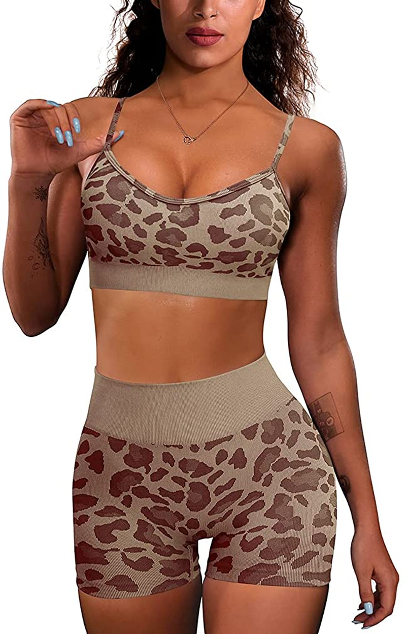 OQQ Yoga Outfit for Women Seamless 2 Piece Workout Gym High Waist Leggings with Sport Bra Set Apparel & Accessories > Clothing > Underwear & Socks > Lingerie HZSN C: Leopard_coffee Large