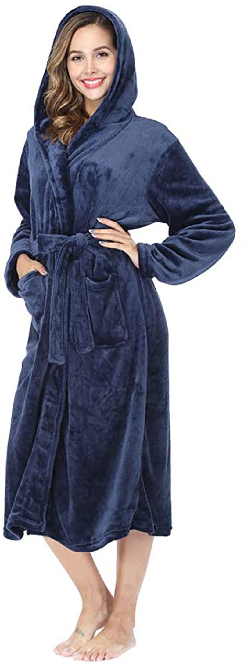 RONGTAI Womens Long Robes Plush Fleece Nightgown Thick plus Size Hooded Bathrobe with Pockets Fluffy Sleepwear for Men Apparel & Accessories > Clothing > Sleepwear & Loungewear > Robes RONGTAI Navy Blue Large