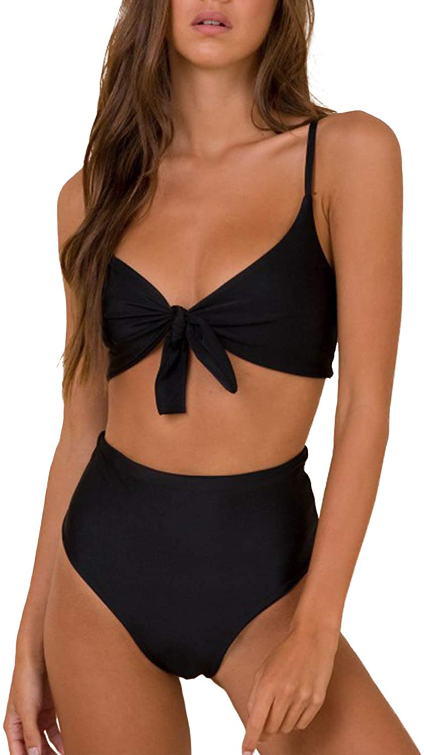 Blooming Jelly Womens High Waisted Bikini Set Tie Knot High Rise Two Piece Swimsuits Bathing Suits Apparel & Accessories > Clothing > Swimwear Blooming Jelly Black Medium