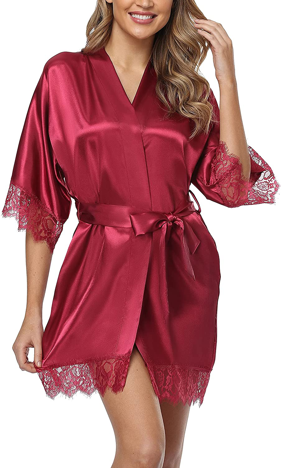 Old-Times Women Satin Short Robes for Bridesmaid Bride Sexy Nightgown Lace Trim Lightweight Bathrobe Apparel & Accessories > Clothing > Sleepwear & Loungewear > Robes Old-Times