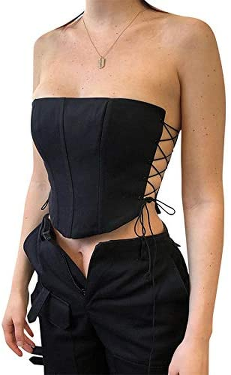 Sexy Women Push up Bustiers Corsets Strapless off Shoulder Slim Crop Tops Clubwear Party Outwear Apparel & Accessories > Clothing > Underwear & Socks > Lingerie hirigin Size Lace Up Black Small