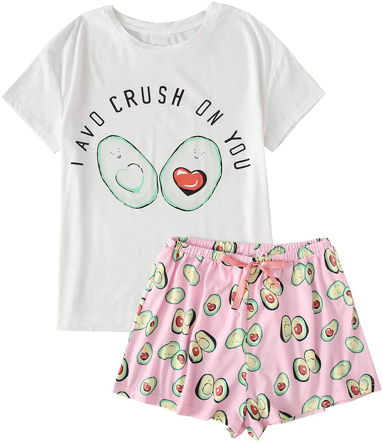 DIDK Women's Cute Cartoon Print Tee and Shorts Pajama Set Apparel & Accessories > Clothing > Sleepwear & Loungewear > Pajamas DIDK Avocado Pink XX-Large