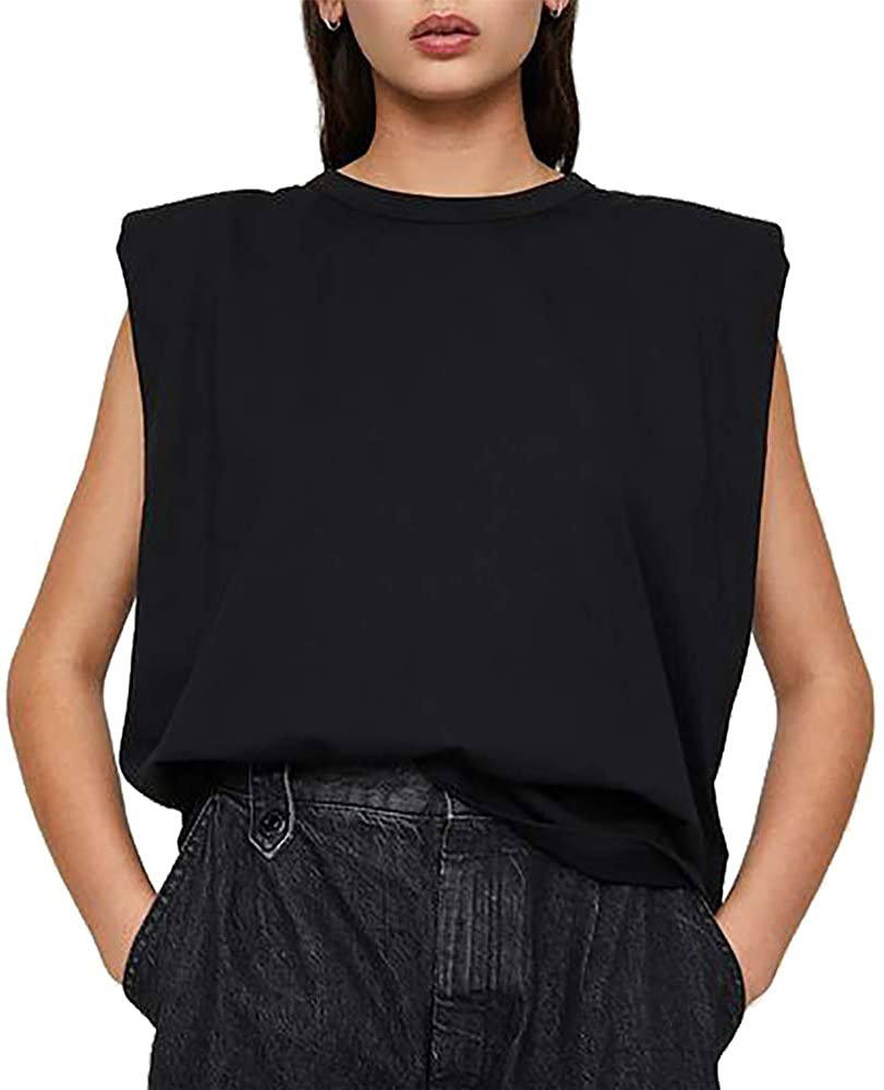 Meladyan Women’S Solid Cotton Padded Shoulder Sleeveless Tee Vest Crew Neck Loose Tank Tops Apparel & Accessories > Clothing > Activewear Kylie Max