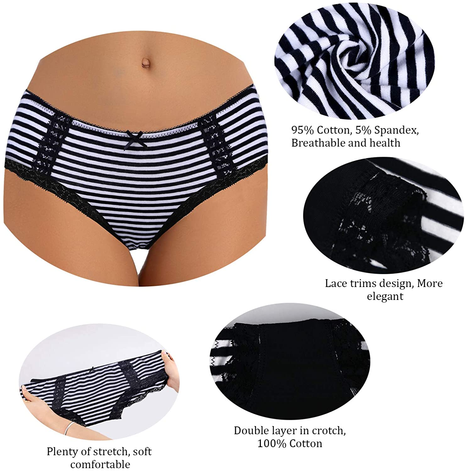 VEENXTHA Womens Underwear Panties Cotton Brief Lace Breathable Stretch Medium Waist Pack of 5 Apparel & Accessories > Clothing > Underwear & Socks > Underwear VEENXTHA