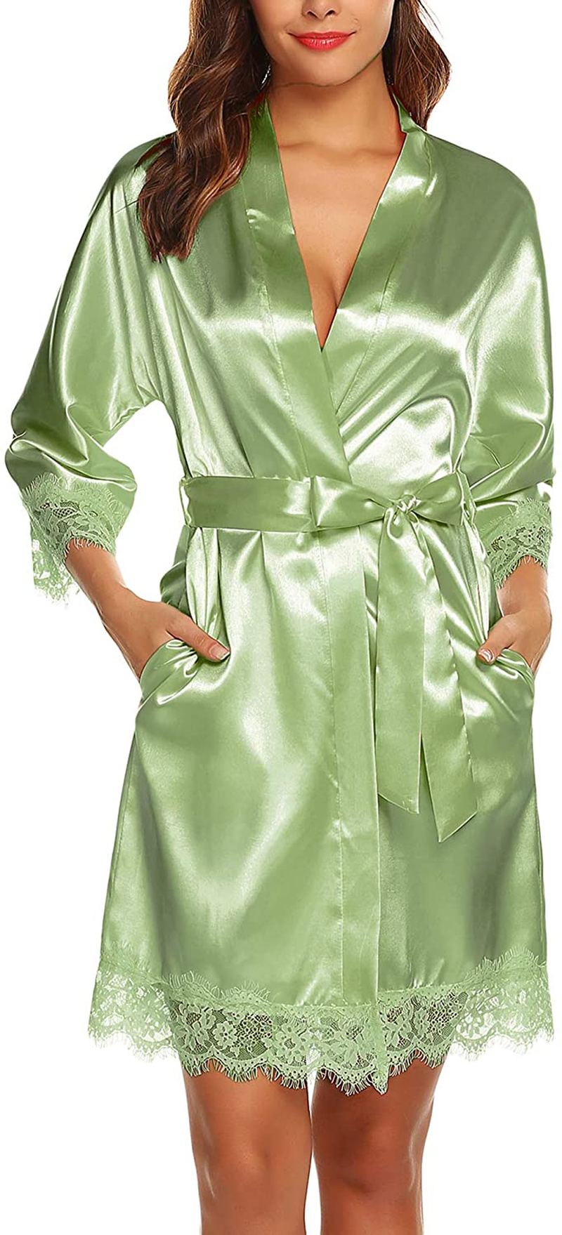 URRU Women'S Satin Silk Bathrobe Oblique V-Neck Short Kimono Robe Bridesmaids Robe S-XXXL Apparel & Accessories > Clothing > Sleepwear & Loungewear > Robes KYLIE MAX Light Green Large