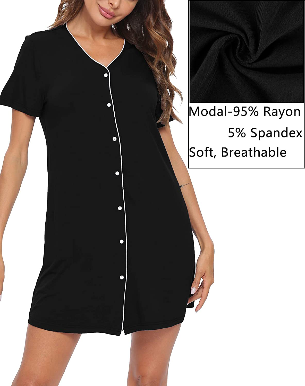 SWOMOG Women'S Button down Nightgown Short Sleeve Nightshirt V-Neck Sleepwear Boyfriend Sleepshirt Pajama Dress Apparel & Accessories > Clothing > Sleepwear & Loungewear > Nightgowns Kylie Max