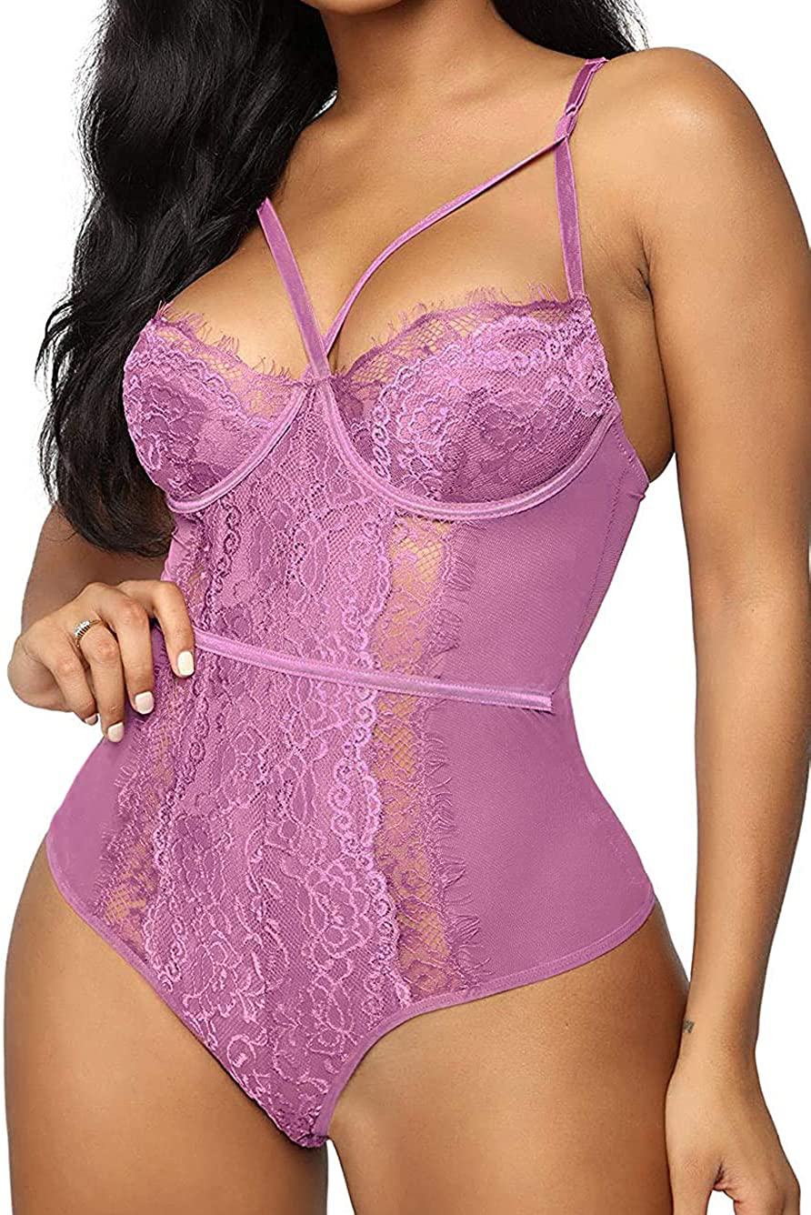 See Through Lingerie,V-Neck Lace Babydoll,Sexy Lingerie Women,One Piece Bodysuit Apparel & Accessories > Clothing > Underwear & Socks > Lingerie Kaei&Shi Dark Pink 3X-Large