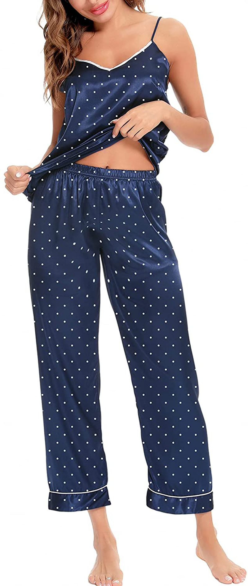 SWOMOG Womens Silk Satin Pajamas Set Two-Piece Pj Sets Cami Top and Capris Pants Sleepwear Apparel & Accessories > Clothing > Sleepwear & Loungewear Kylie Max