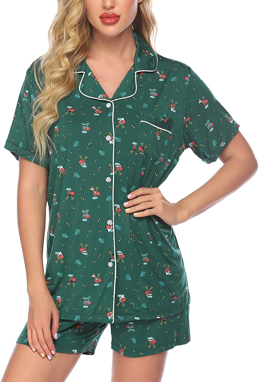 Ekouaer Pajamas Set Short Sleeve Sleepwear Womens Button Down Nightwear Soft Pj Lounge Sets XS-XXL Apparel & Accessories > Clothing > Sleepwear & Loungewear > Pajamas Ekouaer Pat10-christmas Deer Medium