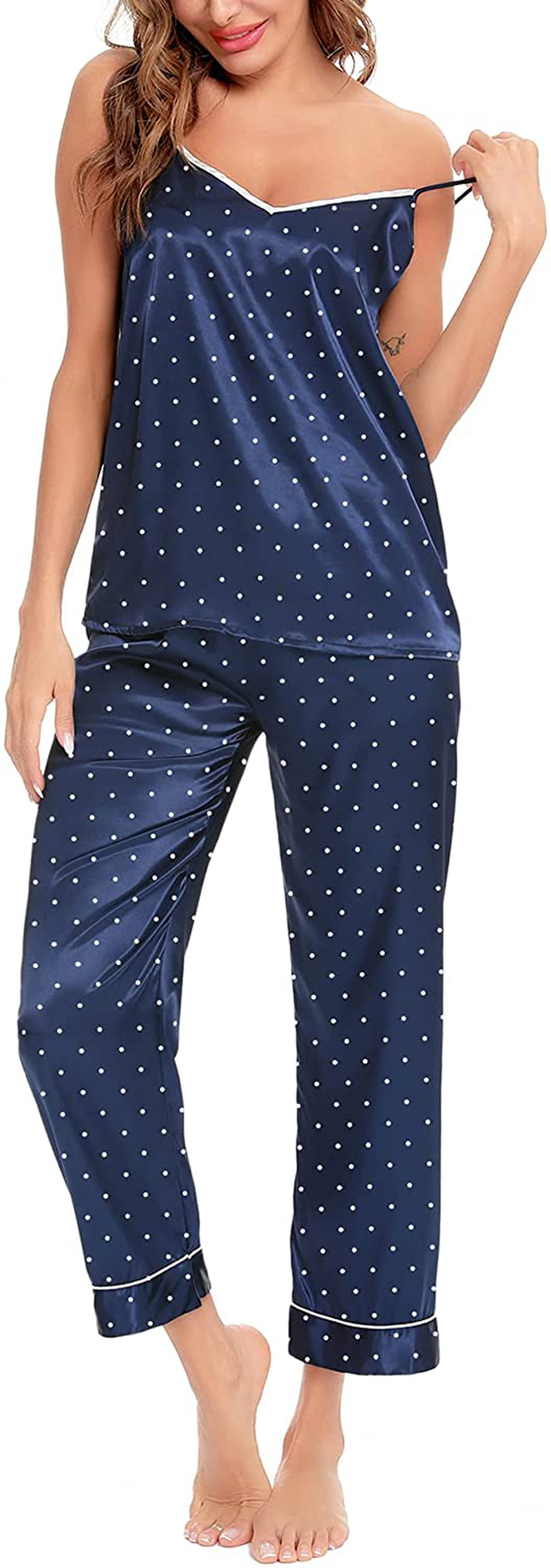 SWOMOG Womens Silk Satin Pajamas Set Two-Piece Pj Sets Cami Top and Capris Pants Sleepwear Apparel & Accessories > Clothing > Sleepwear & Loungewear Kylie Max