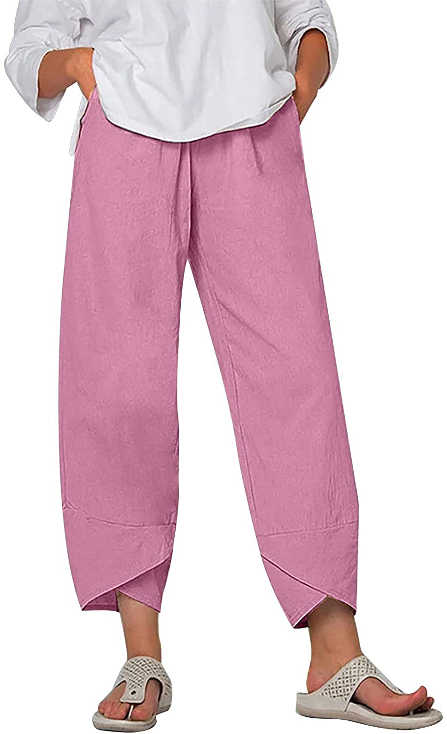 Burband Womens Summer Baggy Cotton Linen Cropped Work Pants Casual Drawstring Loose Beach Yoga Harem Pants plus Size S-6XL Apparel & Accessories > Clothing > Underwear & Socks > Shapewear Burband Pink 3X-Large