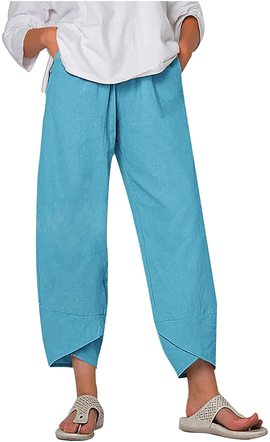 Burband Womens Summer Baggy Cotton Linen Cropped Work Pants Casual Drawstring Loose Beach Yoga Harem Pants plus Size S-6XL Apparel & Accessories > Clothing > Underwear & Socks > Shapewear Burband Blue 3X-Large