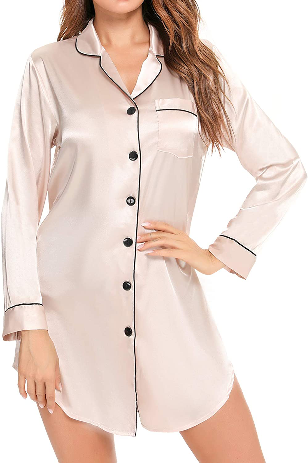 SWOMOG Women'S Satin Sleep Shirt Long Sleeve Sleepwear Silk Nightshirt Button down Pajama Top Apparel & Accessories > Clothing > Sleepwear & Loungewear > Nightgowns Kylie Max