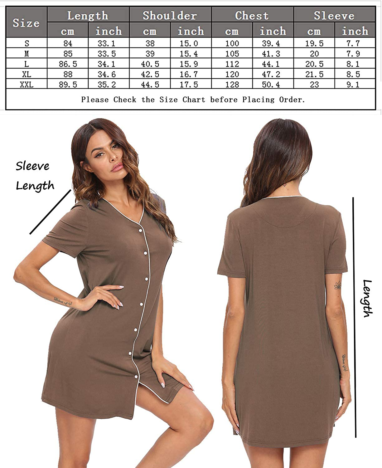 SWOMOG Women'S Button down Nightgown Short Sleeve Nightshirt V-Neck Sleepwear Boyfriend Sleepshirt Pajama Dress Apparel & Accessories > Clothing > Sleepwear & Loungewear > Nightgowns Kylie Max