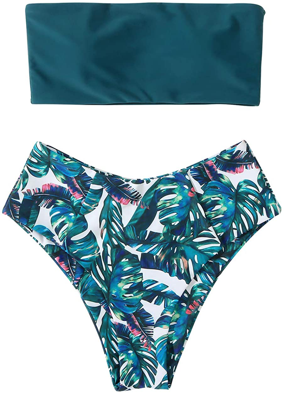 OMKAGI Women's 2 Pieces Bandeau Bikini Swimsuits Off Shoulder High Waist Bathing Suit High Cut Apparel & Accessories > Clothing > Swimwear OMKAGI 3388-navy Floral Large
