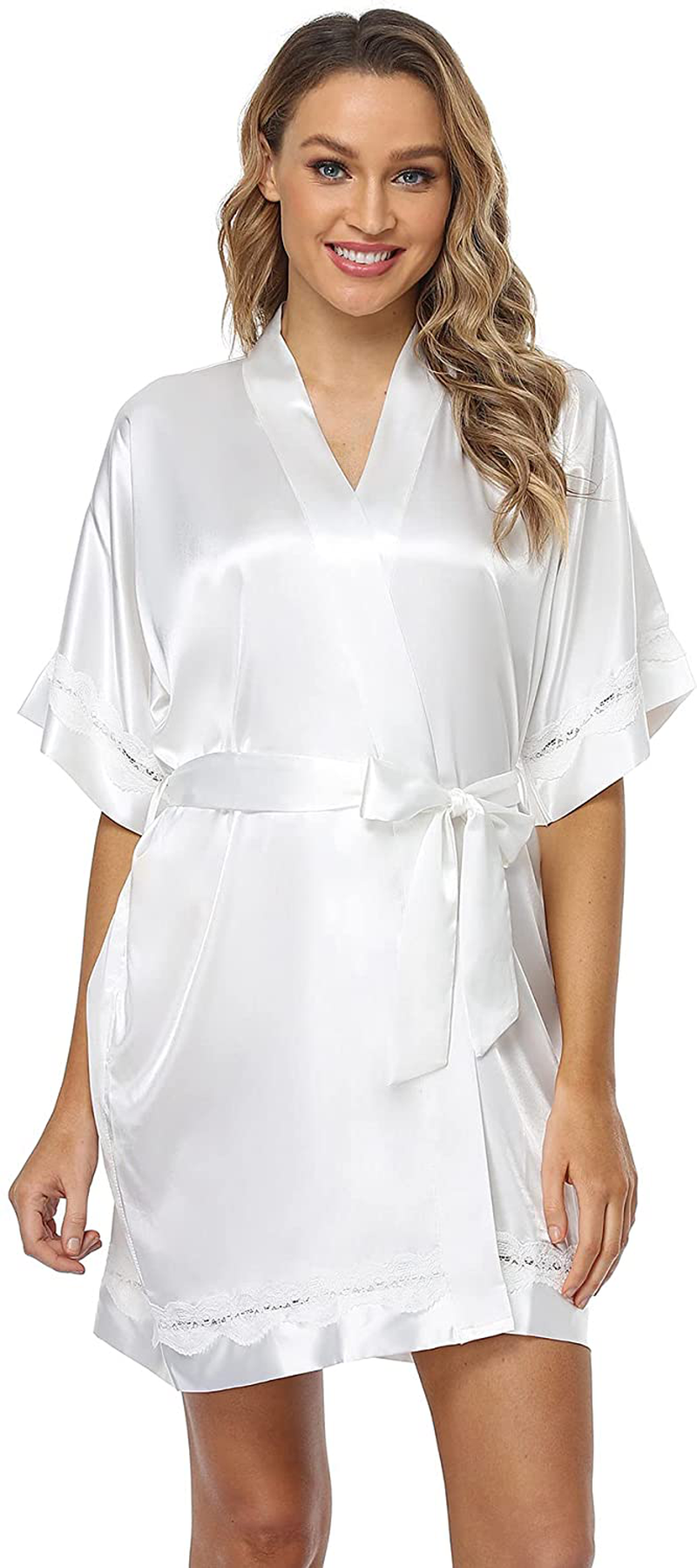 The Bund Women'S Short Robes Lace Bride Bridesmaids Sexy Bathrobe Satin Spa Robe Pure Color Apparel & Accessories > Clothing > Sleepwear & Loungewear > Robes The Bund Z-white X-Large