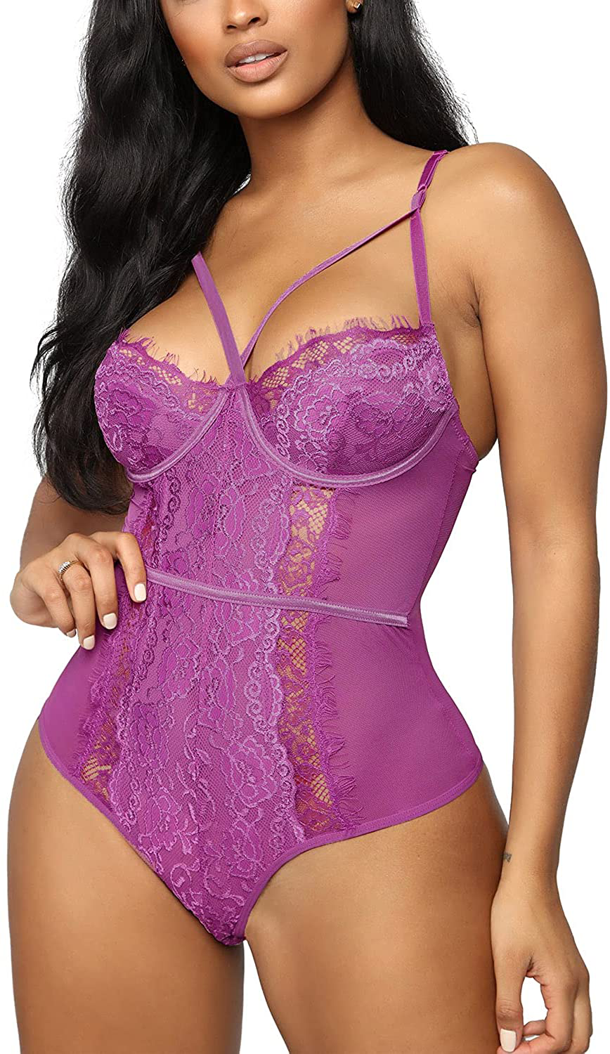 Aranmei Women's Sexy Eyelash Lace bodysuit Snap Crotch Teddy Lingerie Apparel & Accessories > Clothing > Underwear & Socks > Lingerie Aranmei Purplish Red 4X-Large