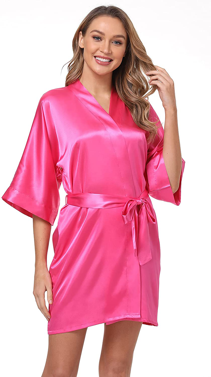 The Bund Women'S Short Robes Lace Bride Bridesmaids Sexy Bathrobe Satin Spa Robe Pure Color Apparel & Accessories > Clothing > Sleepwear & Loungewear > Robes The Bund Deeppink Large