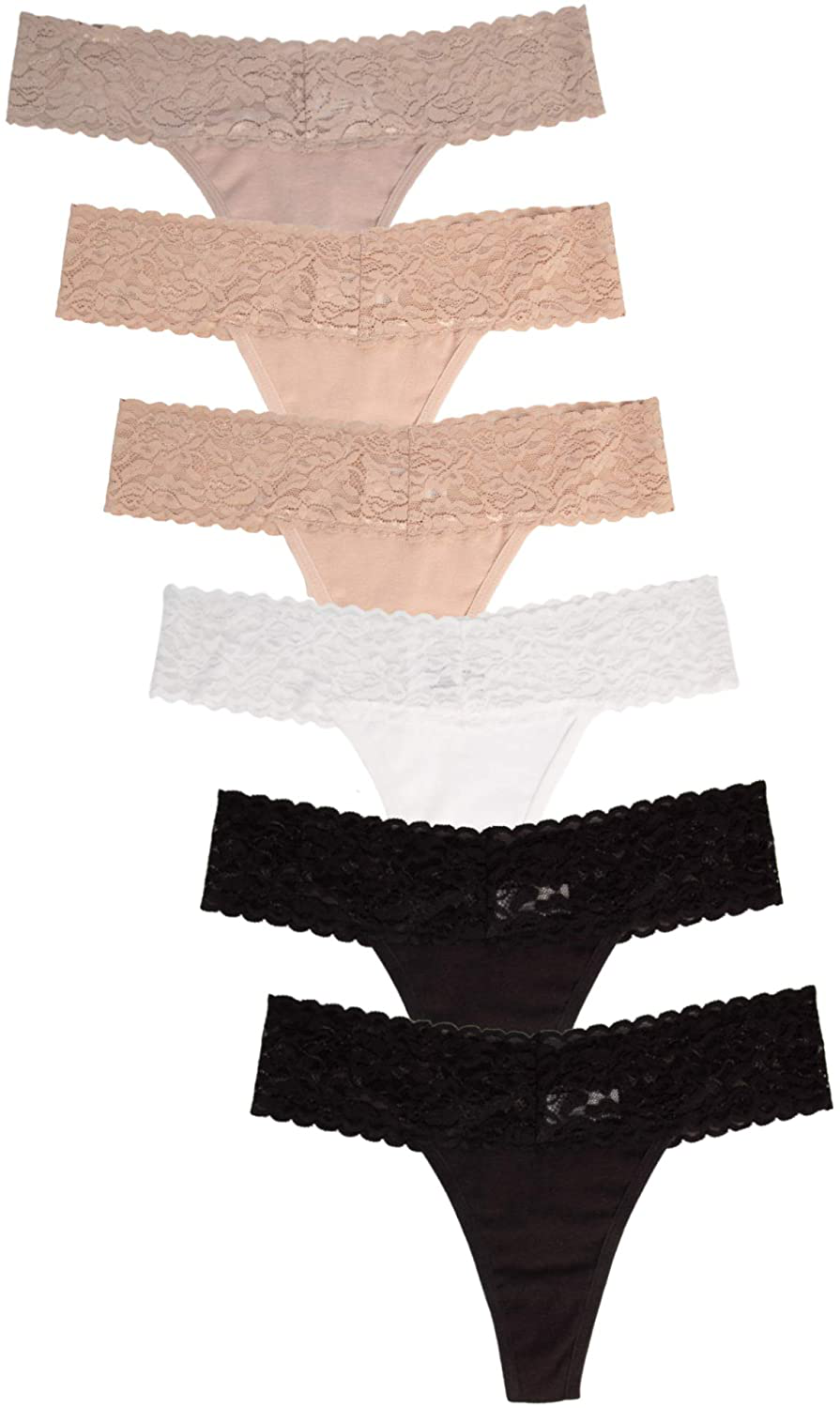 Jo & Bette (6 Pack) Cotton Womens Thong Underwear Lace Trim Soft Sexy Lingerie Panties Set Apparel & Accessories > Clothing > Underwear & Socks > Underwear Jo & Bette Neutrals Large