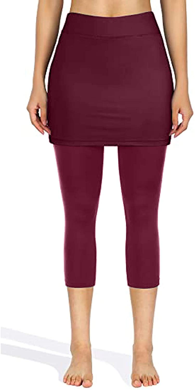 Burband Womens Skirted Leggings Capri Skirt Yoga Active Tights Pants Golf Tennis Workout Skort Sport Leggings with Pockets Apparel & Accessories > Clothing > Underwear & Socks > Shapewear Burband Wine X-Large