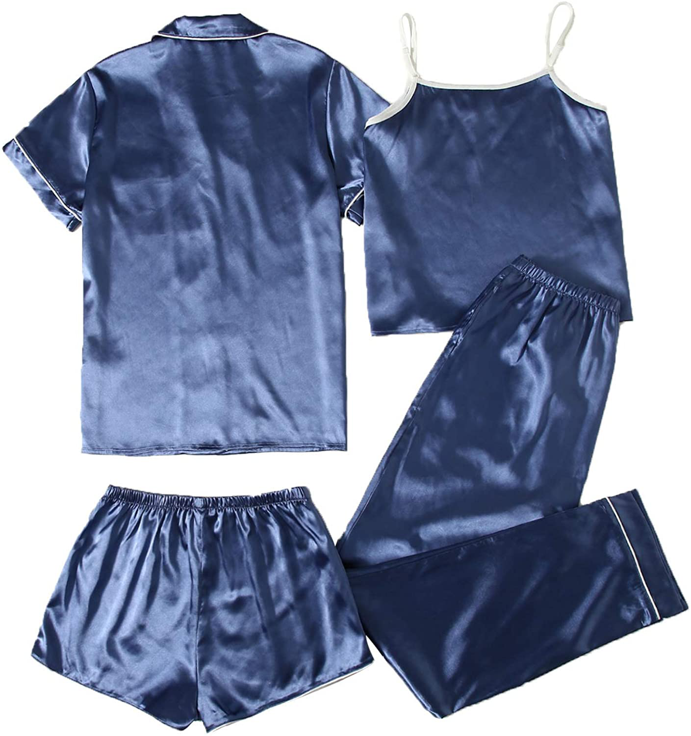 WDIRARA Women'S Silk Satin Pajama Set 4 Pieces Sleepwear Loungewear Pj Sets Apparel & Accessories > Clothing > Sleepwear & Loungewear Kylie Max
