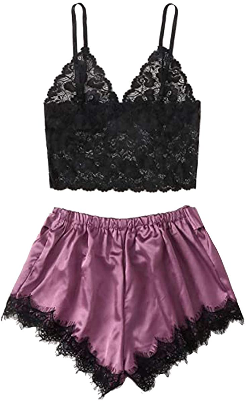 Roselux Women Sexy Lace Lingerie Pajama Set Lace Cami Top with Panties Sleepwear 2 Piece Outfits Nightwear Apparel & Accessories > Clothing > Sleepwear & Loungewear Kylie Max