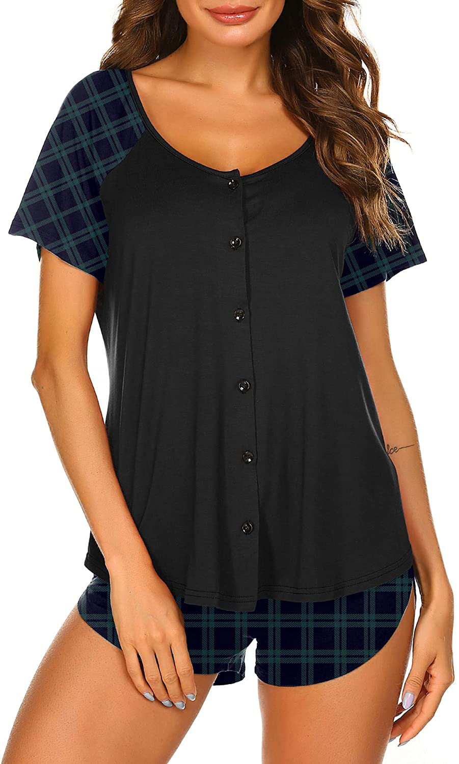 Ekouaer Women's Pajama Short Sleeve Sleepwear Soft Pj Set Top and Shorts Pajamas Set Apparel & Accessories > Clothing > Sleepwear & Loungewear > Pajamas Ekouaer Style 1_black Plaid X-Large