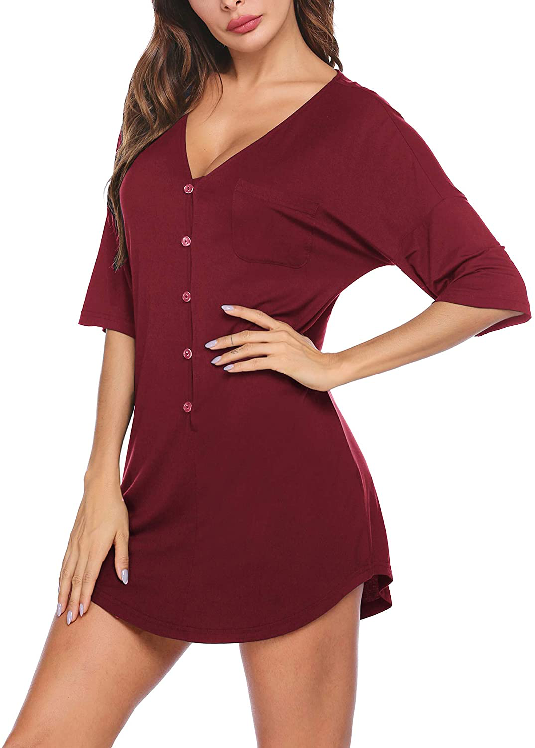 Ekouaer Nightgown Button down Nightshirt Short V Neck Night Shirts Womens Boyfriend Sexy Sleepwear S-XXL Apparel & Accessories > Clothing > Sleepwear & Loungewear > Nightgowns Kylie Max