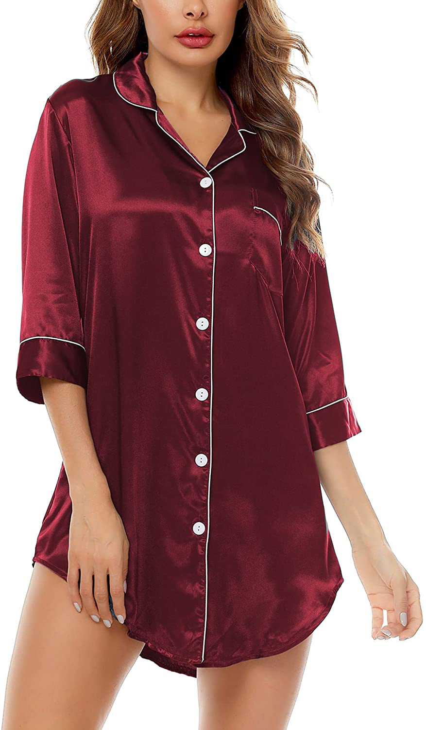 SWOMOG Women'S Satin Nightgown 3/4 Sleeve Sleepwear Button down Sleep Shirt Silk Nighty Pajama Top Apparel & Accessories > Clothing > Sleepwear & Loungewear > Nightgowns Kylie Max
