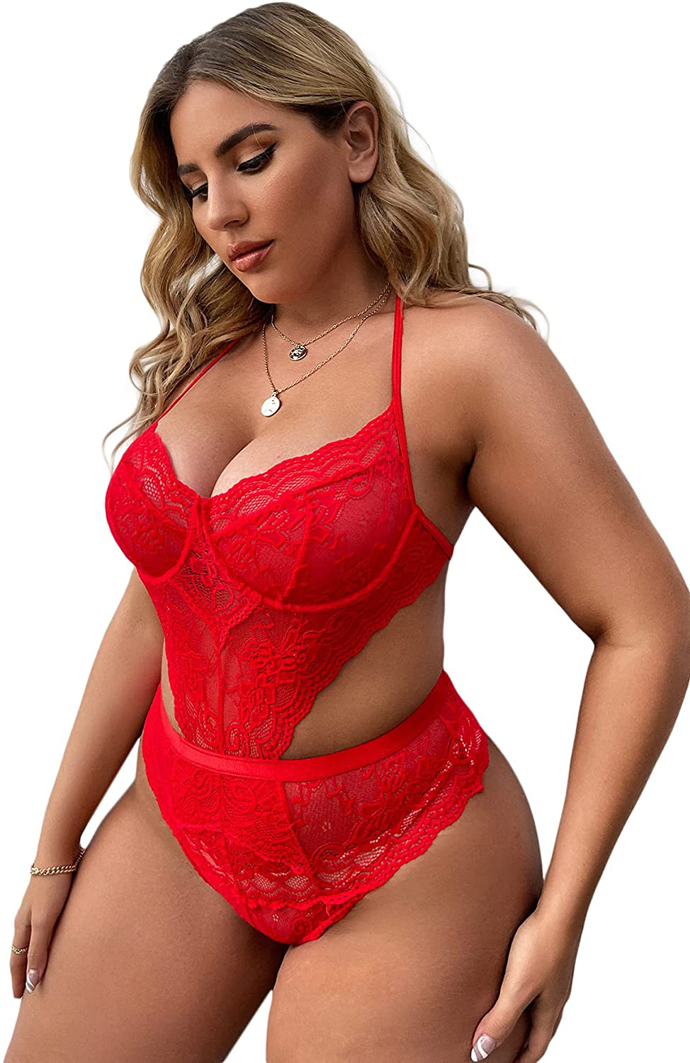 SOLY HUX Women's Plus Size Floral Lace Halter Backless Lingerie Teddy Bodysuit Apparel & Accessories > Clothing > Underwear & Socks > Lingerie KYLIE MAX Red 1X Plus