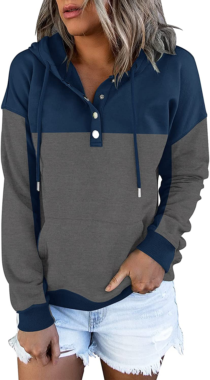 ETCYY Women'S Color Block Hoodies Tops Long Sleeve Casual Drawstring Button down Pullover Sweatshirt with Pocket Apparel & Accessories > Clothing > Activewear Kylie Max