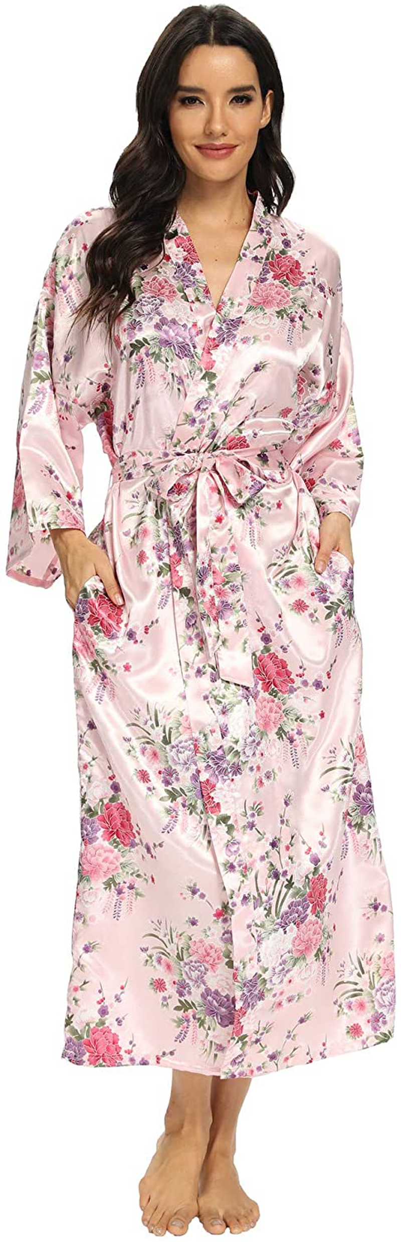 Women'S Long Silk Robes Lightweight Long Satin Robes Full Length Sleepwear Dressing Gown Apparel & Accessories > Clothing > Sleepwear & Loungewear > Robes MizzGenio Pink Large-X-Large