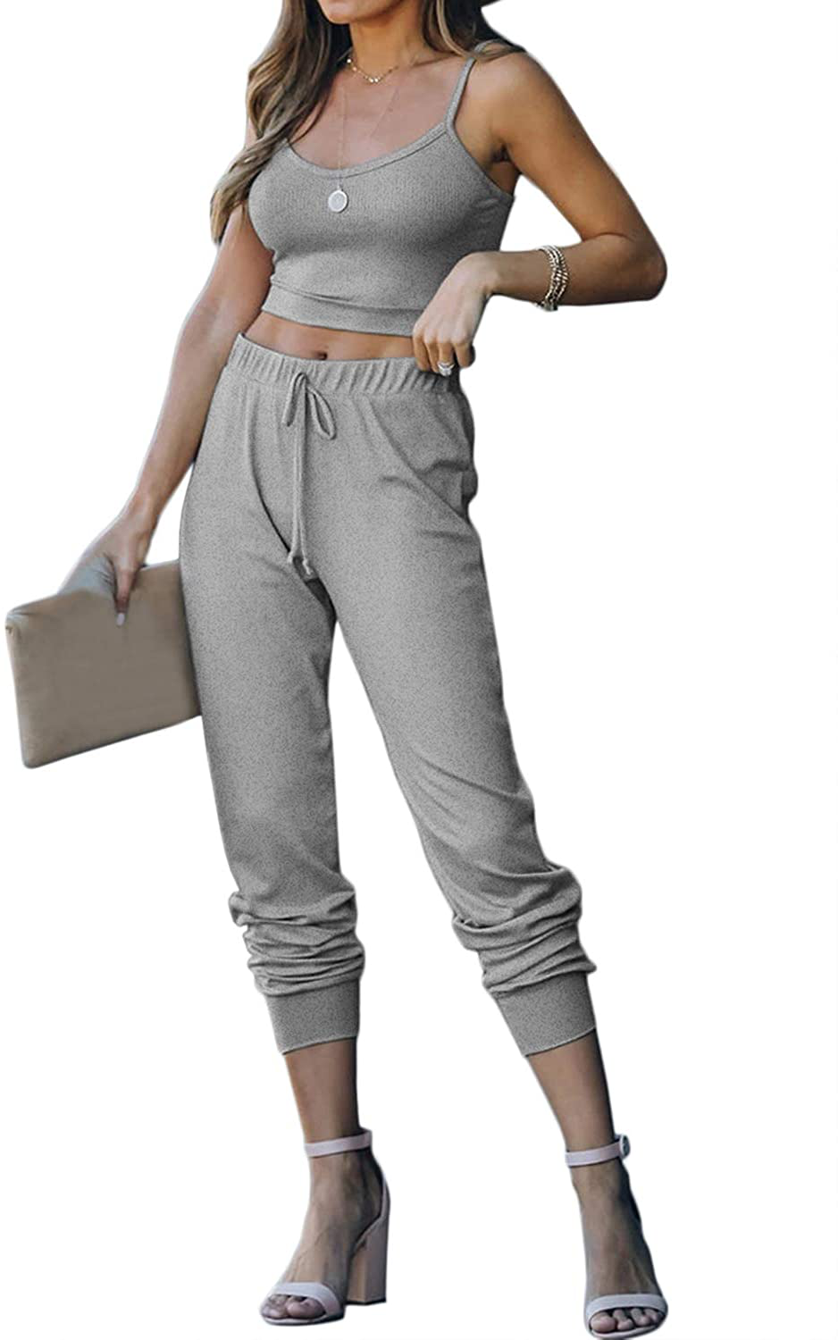 QINSEN Women'S Casual Two Piece Outfit Ribbed Spaghetti Strap Top Long Pants Tracksuit Joggers Sets Apparel & Accessories > Clothing > Sleepwear & Loungewear Kylie Max