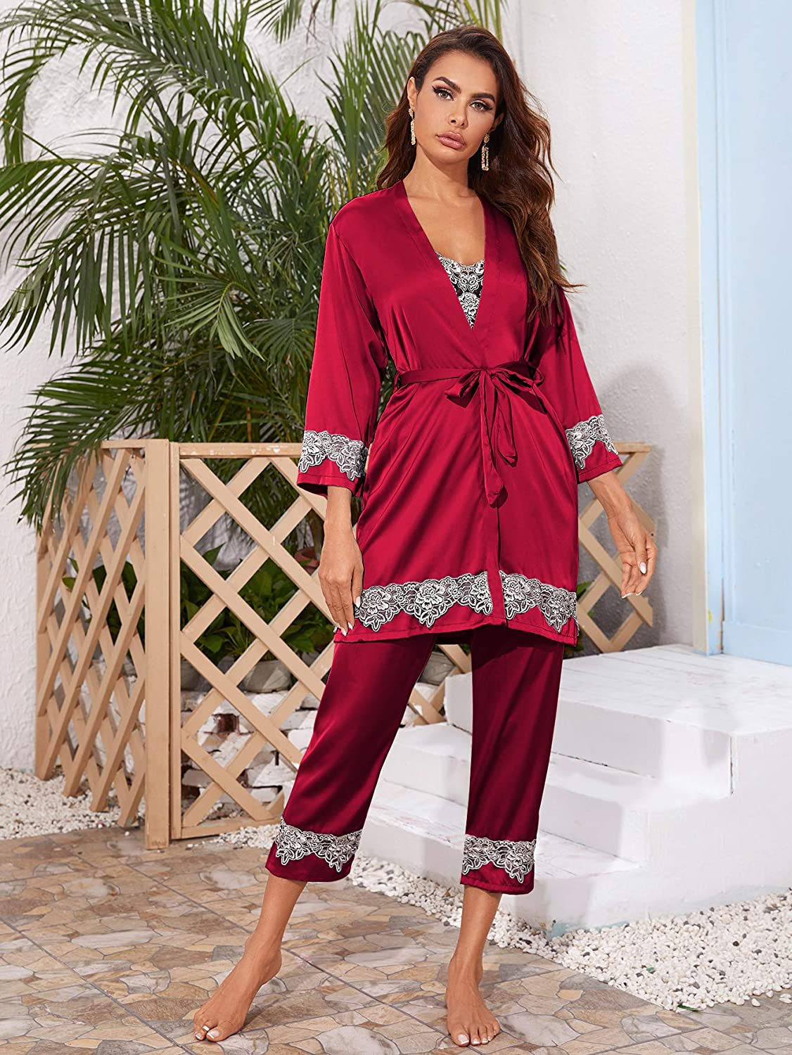 SOLY HUX Women'S Sleepwear 4Pcs Floral Print Satin Cami Pajama Set with Robe Apparel & Accessories > Clothing > Sleepwear & Loungewear Kylie Max