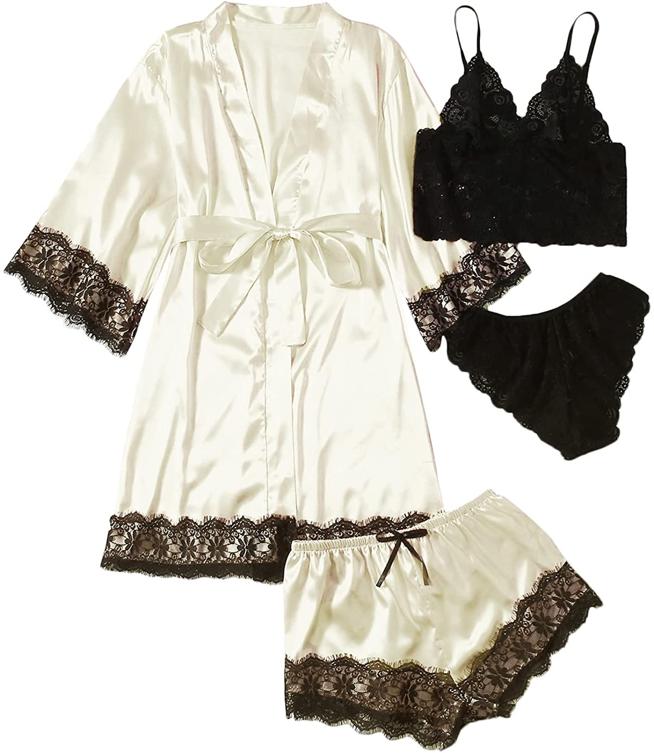 WDIRARA Women'S 4 Pieces Satin Floral Lace Cami Top Lingerie Pajama Set with Robe Apparel & Accessories > Clothing > Underwear & Socks > Lingerie WDIRARA Black and Apricot X-Small
