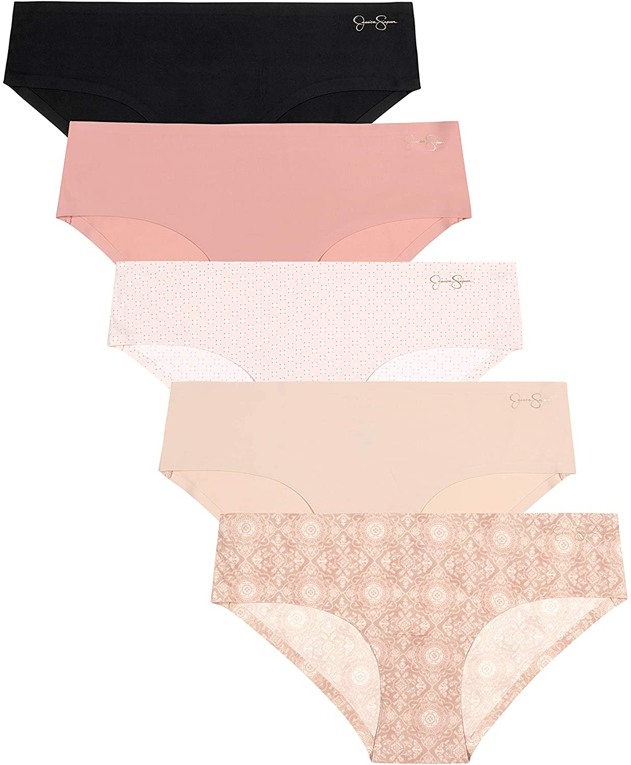 Jessica Simpson Women'S Underwear - Seamless Hipster Briefs (3/5/6 Pack) Apparel & Accessories > Clothing > Underwear & Socks > Underwear Jessica Simpson (5-pack) Medallion Print/Rose/Dot Print/Blush/Black X-Large