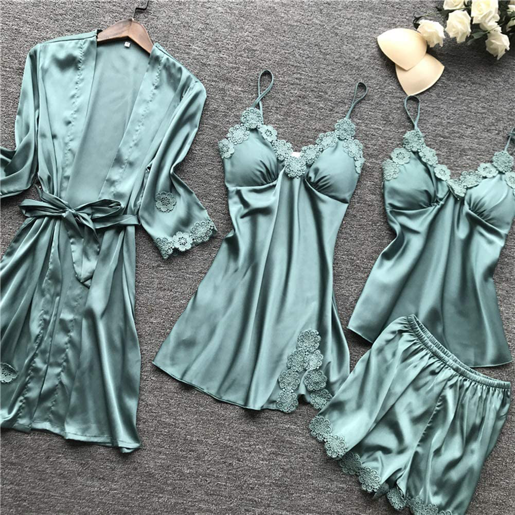 SAPJON Women'S 4Pcs Silk Satin Pajama Set Sexy Cami Top Nightgown Lace Sleepwear Robe Sets Nightdress with Chest Pads Apparel & Accessories > Clothing > Sleepwear & Loungewear Kylie Max