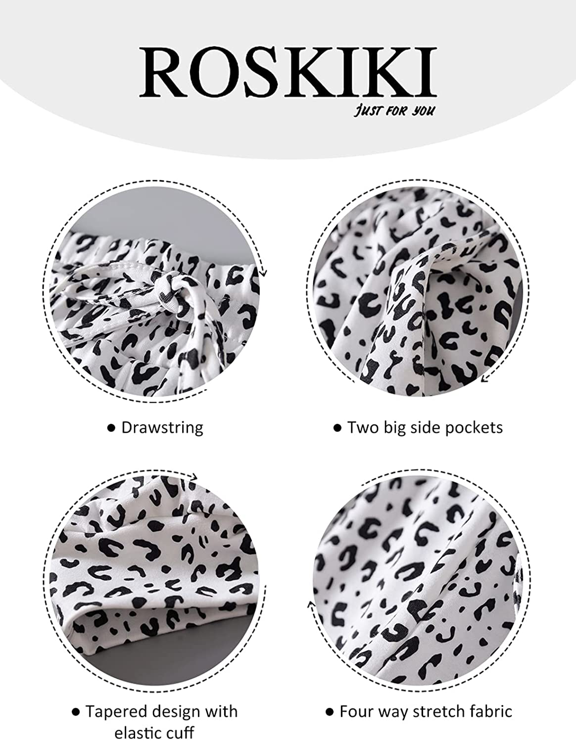 ROSKIKI Womens Leopard Drawstring Elastic Waist Sports Lounge Pants with Pockets Apparel & Accessories > Clothing > Activewear Kylie Max