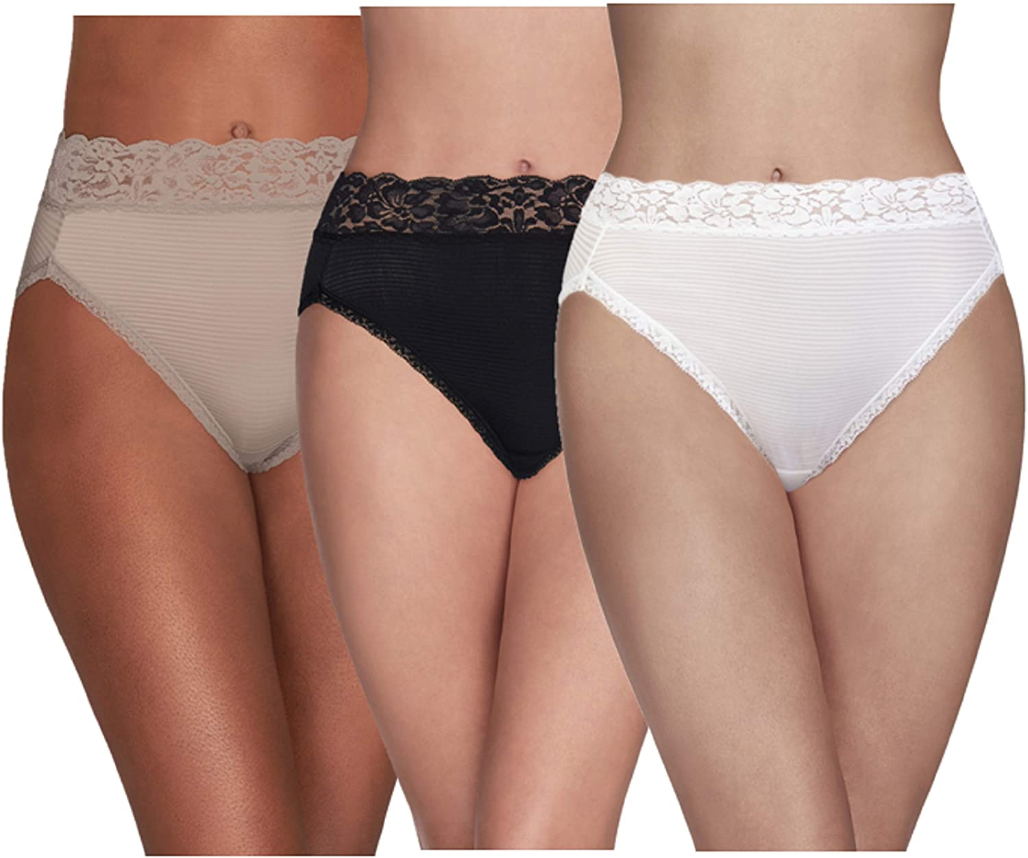 Vanity Fair Women'S Flattering Lace Panties Apparel & Accessories > Clothing > Underwear & Socks > Underwear Vanity Fair Hi Cut - 3 Pack - Black/White/Toast Coconut Stripe Hi Cut 6