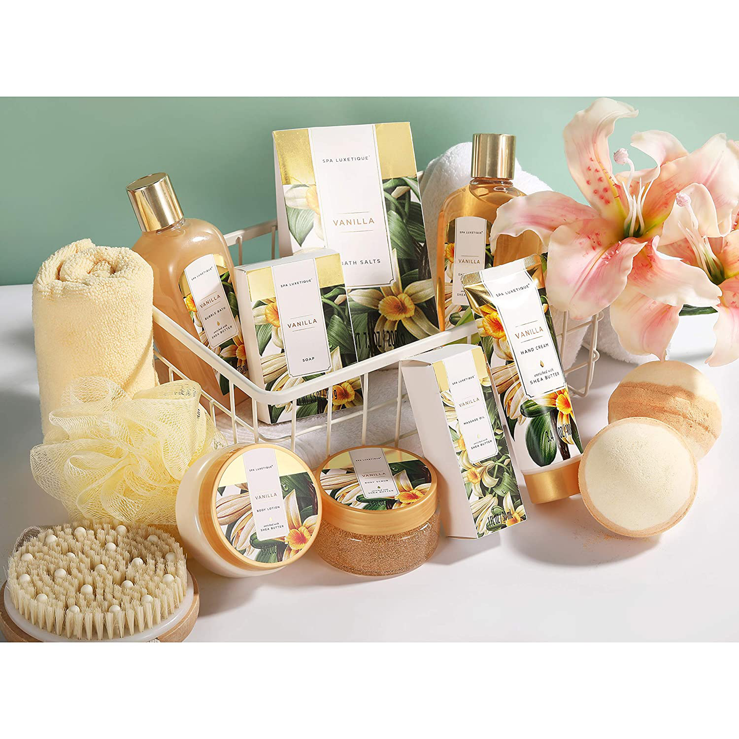 Spa Luxetique Spa Gift Basket, Vanilla Gift Baskets for Women, Luxury 15 Pcs Bath Gift Set, Relaxing at Home Bath Set with Massage Oil, Bath Salt, Bubble Bath, Christmas Gift Set for Women. Arts & Entertainment > Party & Celebration > Gift Giving spa luxetique