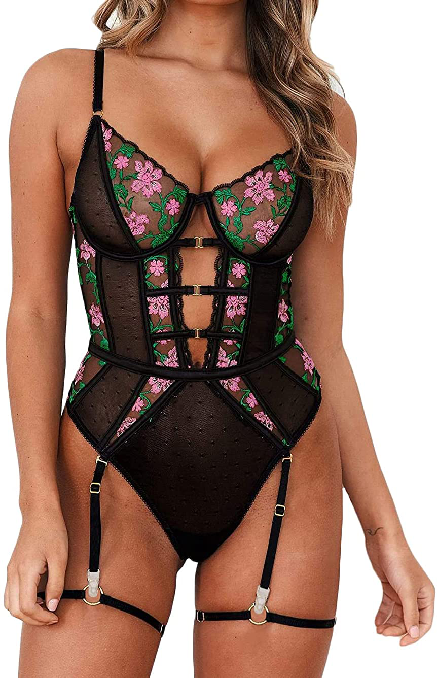 Teddy Lingerie for Women,Embroidered Sexy Floral Lace Bodysuit,Snap Crotch One Piece Body Suit Apparel & Accessories > Clothing > Underwear & Socks > Lingerie Kaei&Shi Black 8-10