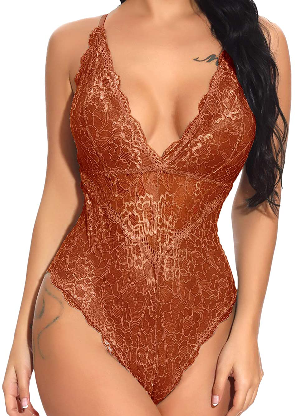 Kaei&Shi V-Neck See Through Lingerie Floral Lace Babydoll Sexy Lingerie for Women One Piece Bodysuit Apparel & Accessories > Clothing > Underwear & Socks > Lingerie Kaei&Shi Brown X-Large