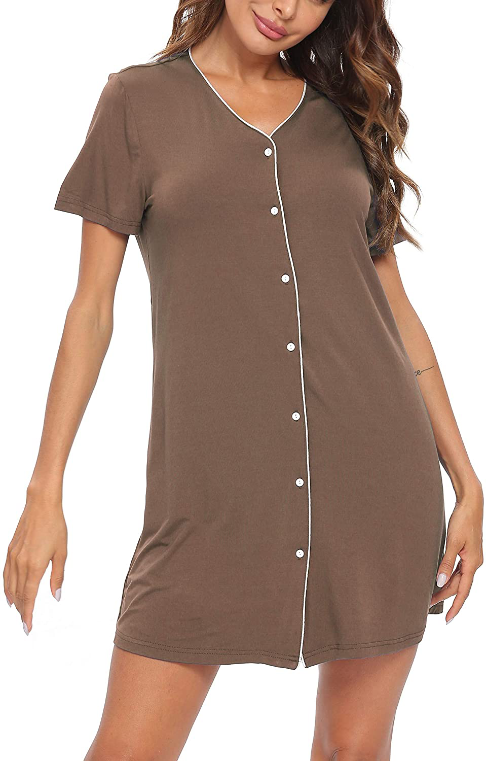 SWOMOG Women'S Button down Nightgown Short Sleeve Nightshirt V-Neck Sleepwear Boyfriend Sleepshirt Pajama Dress Apparel & Accessories > Clothing > Sleepwear & Loungewear > Nightgowns Kylie Max
