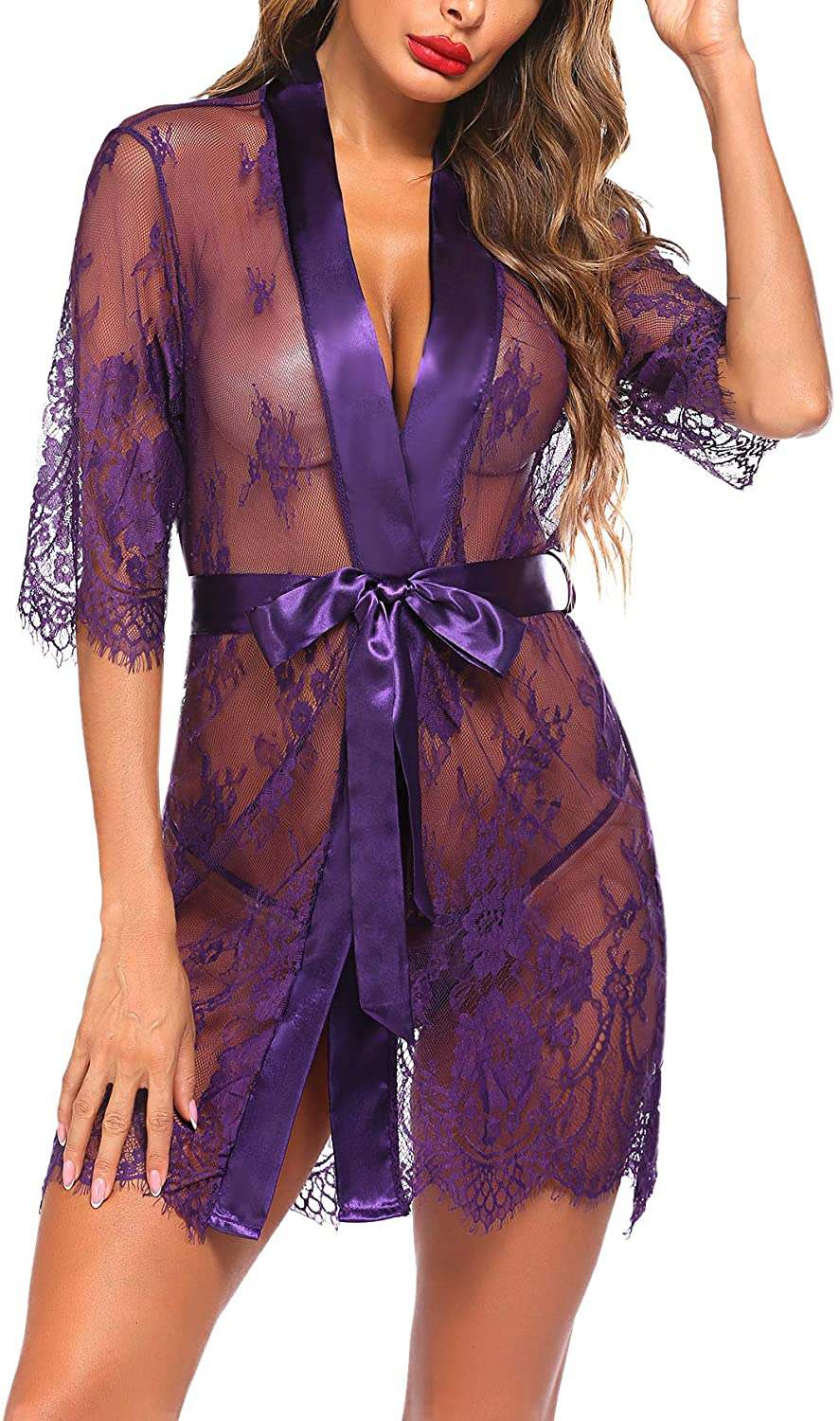 Avidlove Women Kimono Robe Floral Lace Babydoll Lingerie Sheer Mesh Nightgown Apparel & Accessories > Clothing > Underwear & Socks > Lingerie Kylie Max