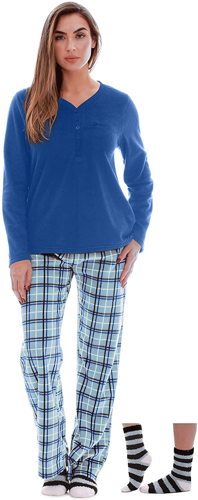 Just Love Women’s Ultra-Soft Pajama Pant Set with Matching Fuzzy Socks Apparel & Accessories > Clothing > Sleepwear & Loungewear > Pajamas Just Love Blue Plaid X-Large