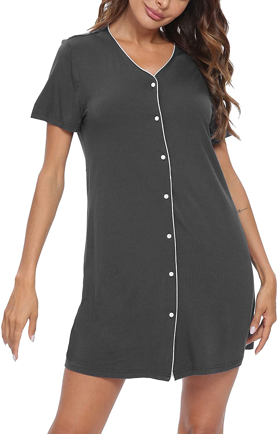 SWOMOG Women'S Button down Nightgown Short Sleeve Nightshirt V-Neck Sleepwear Boyfriend Sleepshirt Pajama Dress Apparel & Accessories > Clothing > Sleepwear & Loungewear > Nightgowns Kylie Max