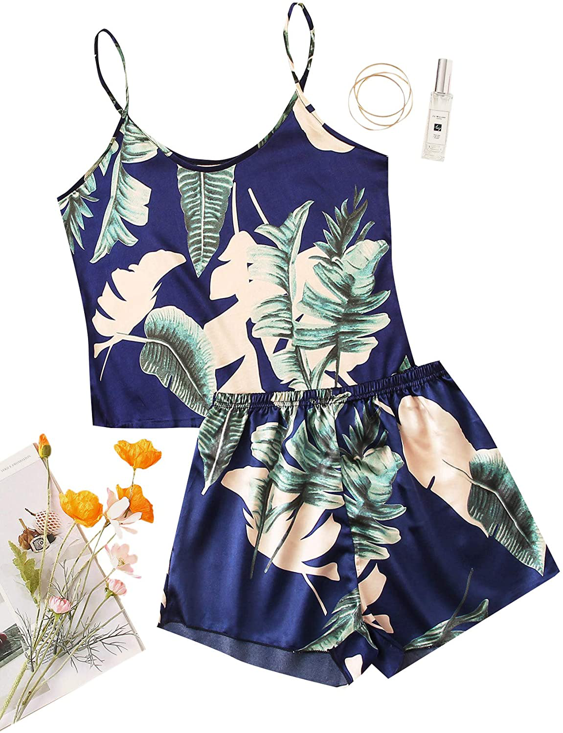 Floerns Women'S Summer Palm Leaf Tropical Print Cami Sleepwear Pajama Set Apparel & Accessories > Clothing > Sleepwear & Loungewear Kylie Max