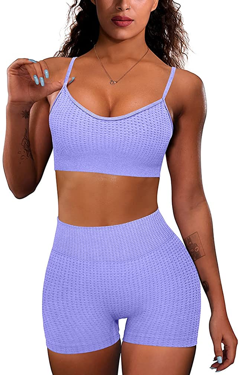 OQQ Yoga Outfit for Women Seamless 2 Piece Workout Gym High Waist Leggings with Sport Bra Set Apparel & Accessories > Clothing > Underwear & Socks > Lingerie HZSN B: Dotted Lavender Small