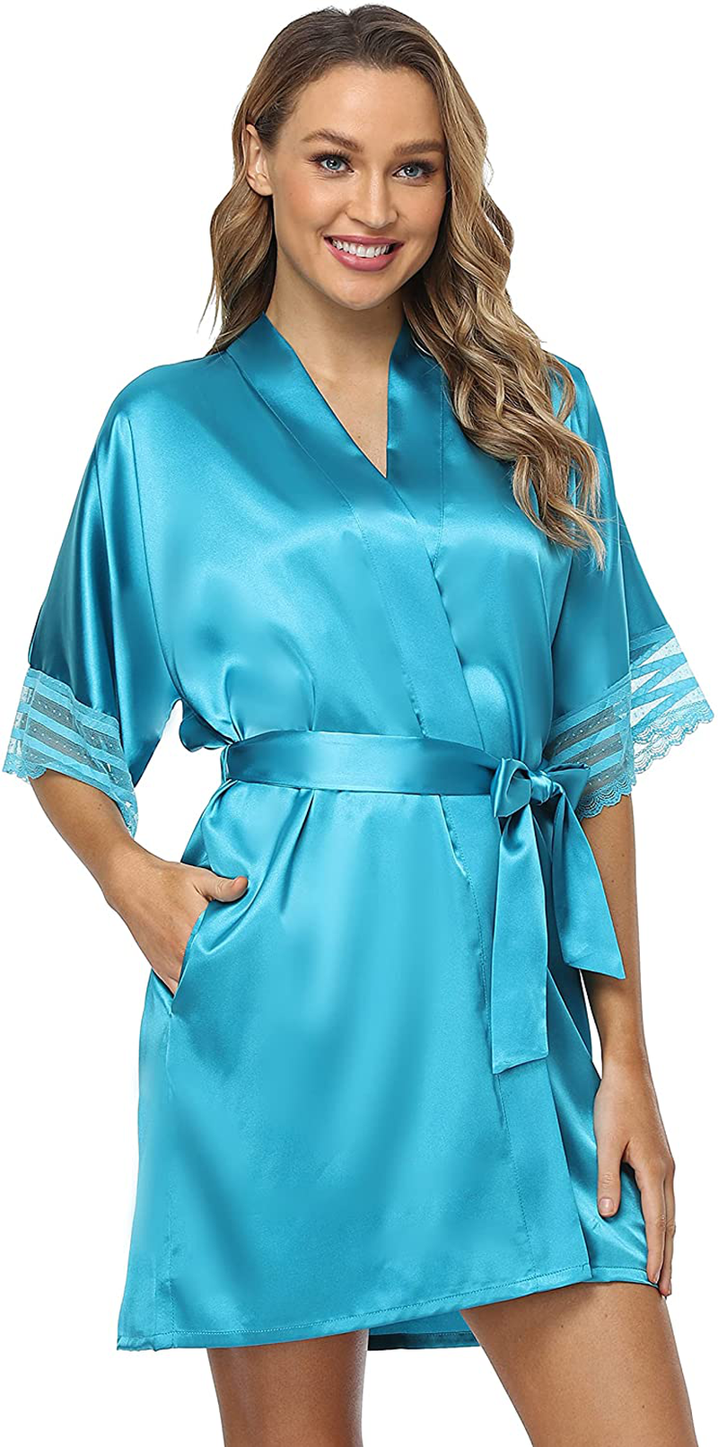 The Bund Women'S Short Robes Lace Bride Bridesmaids Sexy Bathrobe Satin Spa Robe Pure Color Apparel & Accessories > Clothing > Sleepwear & Loungewear > Robes The Bund Y-blue XX-Large